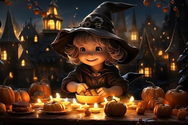 Illustrazione di una ragazza molto felice in costume da strega e cappello da strega in una città di notte