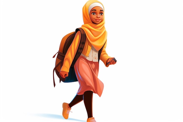 Illustrazione di una ragazza musulmana africana che va a scuola su uno sfondo bianco