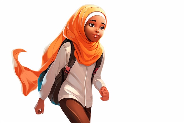Illustrazione di una ragazza musulmana africana che va a scuola su uno sfondo bianco