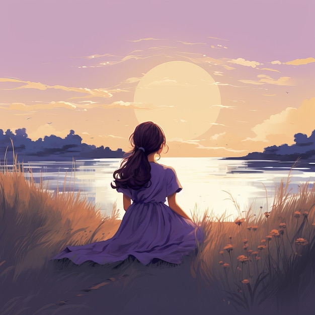 illustrazione di Una ragazza si siede sull'erba vicino al fiume