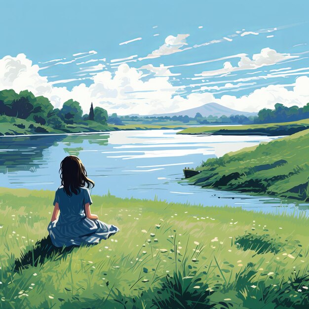 illustrazione di Una ragazza si siede sull'erba vicino al fiume