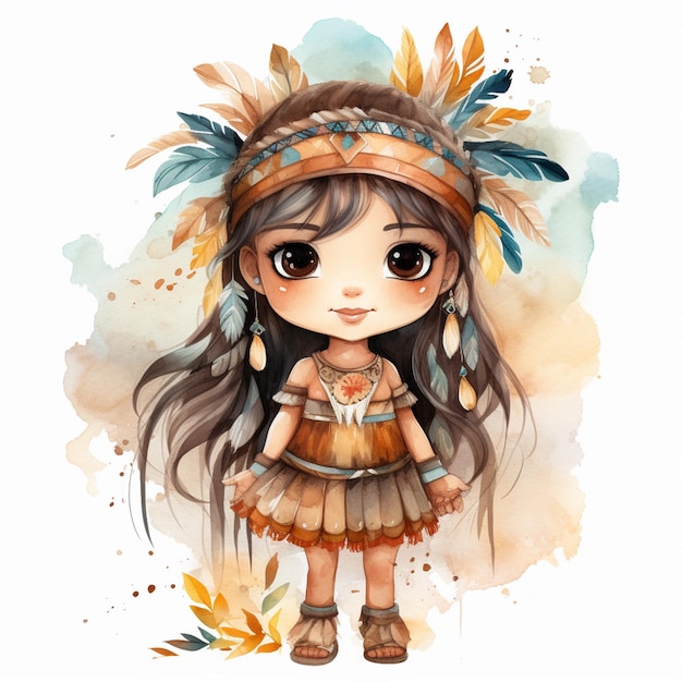 illustrazione di una ragazza vestita con abiti nativi americani con piume generative ai