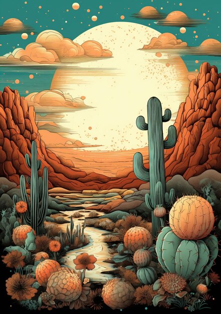 illustrazione di una scena del deserto con un fiume e alberi di cactus generativo ai