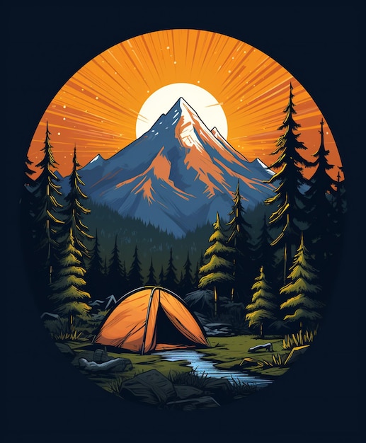 illustrazione di una scena di campeggio in montagna
