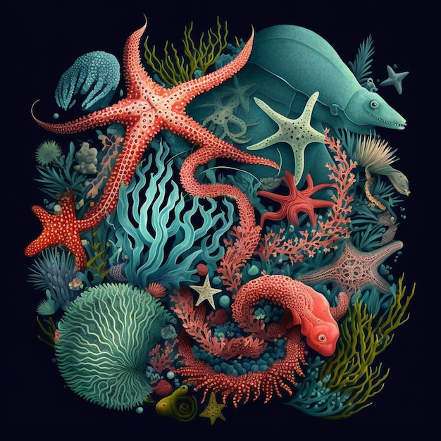 illustrazione di una scena di vita marina con coralli generative ai