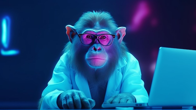 Illustrazione di una scimmia con gli occhiali che lavora su un portatile