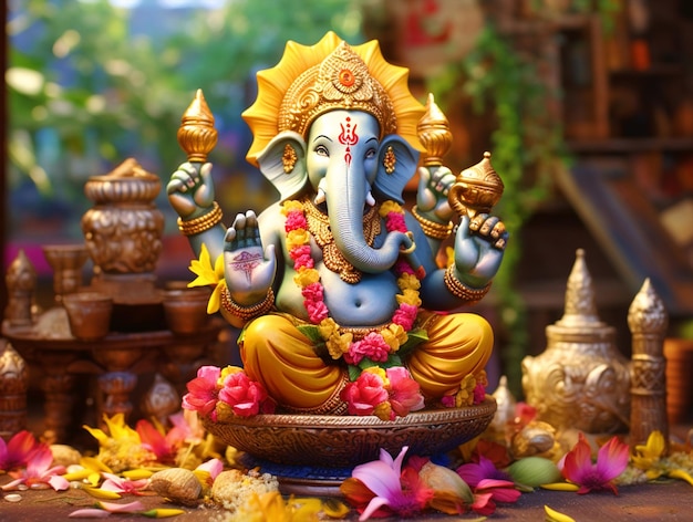 Illustrazione di una scultura di Lord Ganesha con elementi decorativi
