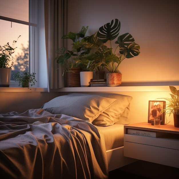 illustrazione di una semplice camera da letto con una pianta interna posizionata accanto
