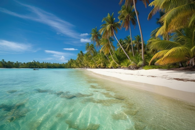 Illustrazione di una serena spiaggia tropicale con acqua cristallina e palme lussureggianti