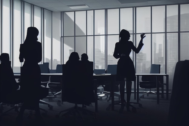 Illustrazione di una silhouette di donna che conduce una riunione in un ufficio donna al lavoro conceptbusiness