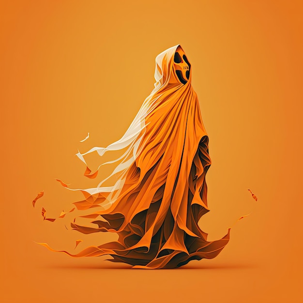Illustrazione di una silhouette fantasma fantasma isolata su sfondo arancione Mostro spettrale di Halloween che vola nella notte IA generativa