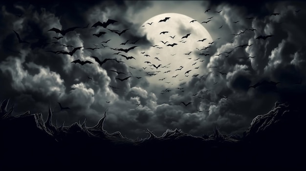 Illustrazione di una spettrale notte di Halloween con pipistrelli che volano nel cielo