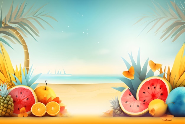 Illustrazione di una spiaggia estiva con frutti diversi Concetto di sfondo estivo AI generato