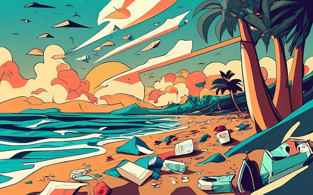 illustrazione di una spiaggia inquinata dai rifiuti