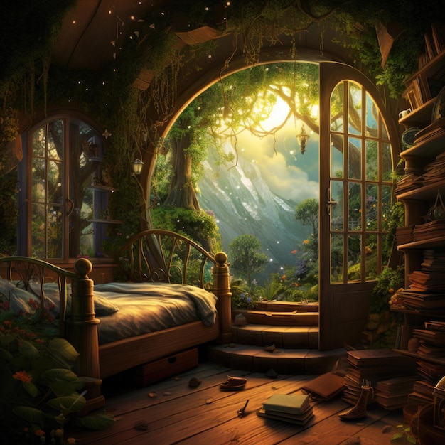 Illustrazione di una stanza delle fate con vista su una foresta magica