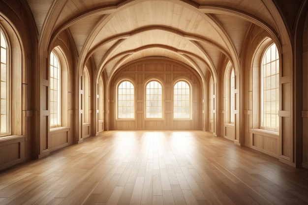 Illustrazione di una stanza vuota con finestre ad arco e pavimenti in legno IA generativa