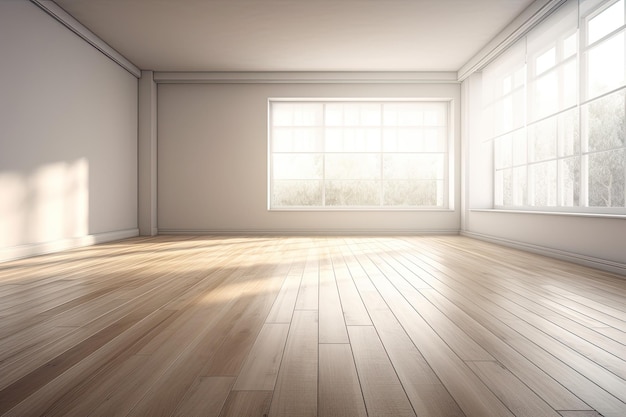 Illustrazione di una stanza vuota con una finestra spaziosa e un caldo pavimento in legno IA generativa