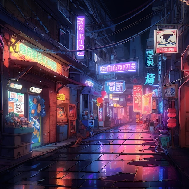 Illustrazione di una strada asiatica di notte