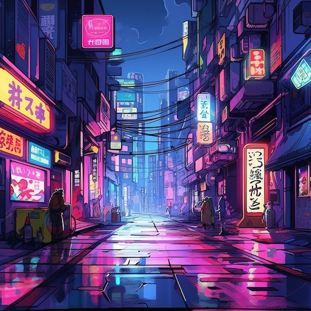 Illustrazione di una strada asiatica di notte