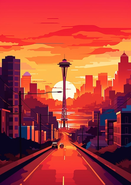 illustrazione di una strada cittadina con un tramonto e un'alta torre ai generativa