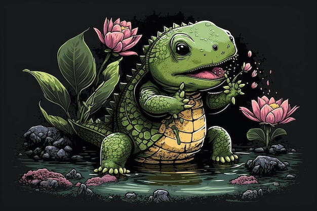 Illustrazione di una tartaruga con il fiore in bocca ai generativa