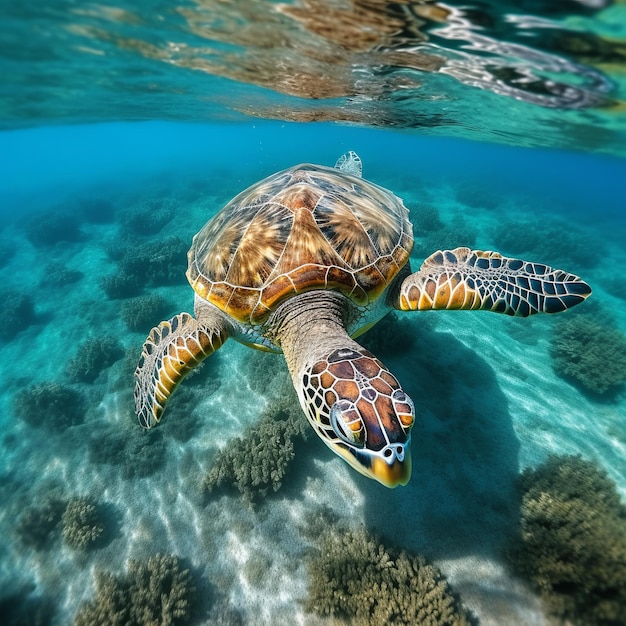 illustrazione di una tartaruga piena che nuota nell'oceano selvatico vista dall'alto