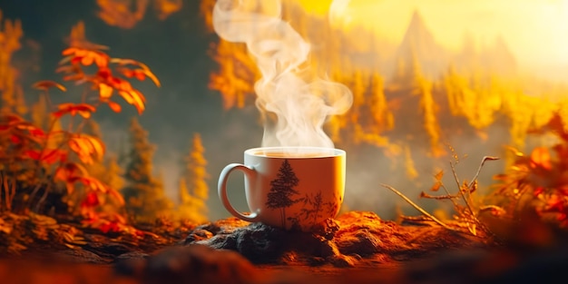 Illustrazione di una tazza di caffè con fuoco e fumo