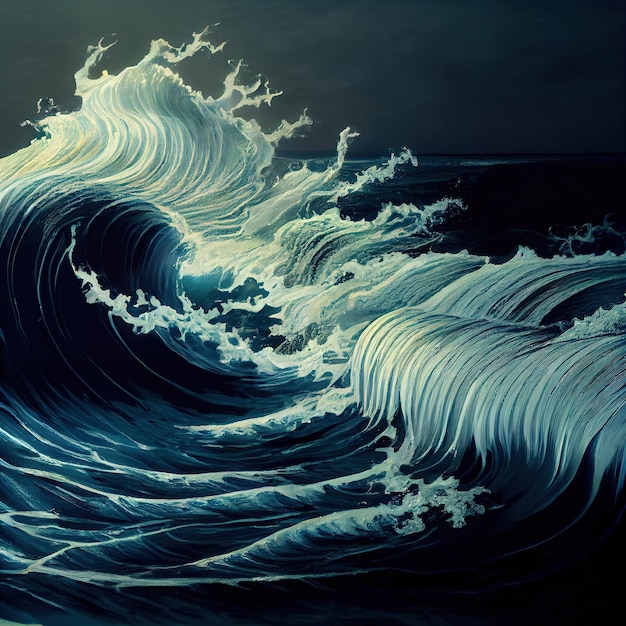 Illustrazione di una tempesta in mezzo all'oceano con enormi onde e cielo grigio IA generativa IA generativa