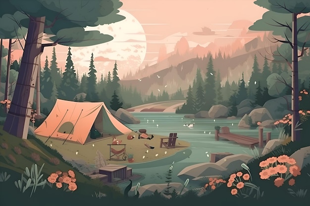 Illustrazione di una tenda turistica vicino a un lago di montagna Generative AI 7
