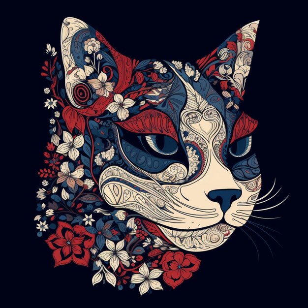 illustrazione di una testa di gatto con intricati disegni di fiori decorativi