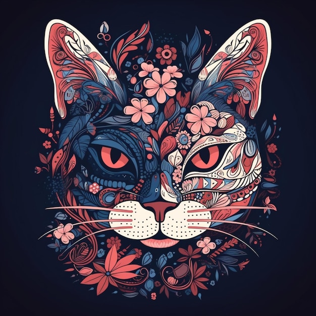 illustrazione di una testa di gatto con intricati disegni di fiori decorativi