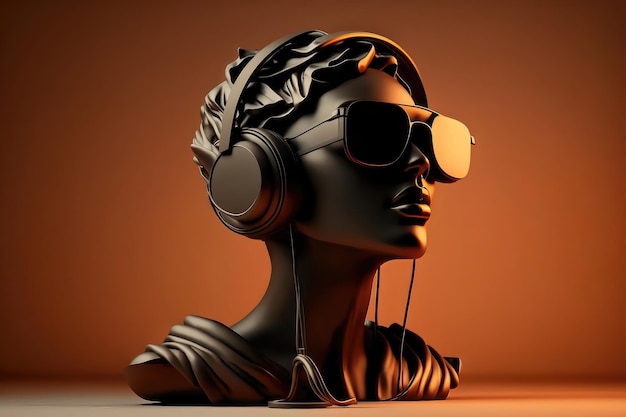 Illustrazione di una testa di scultura con occhiali e cuffie Generazione AI