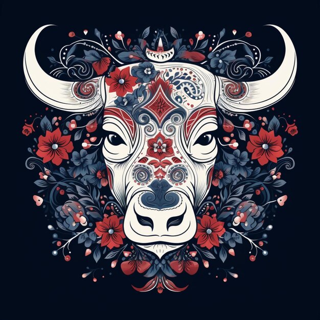 illustrazione di una testa di toro con intricati disegni di fiori decorativi