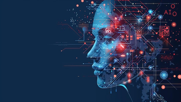 illustrazione di una testa umana digitale con un chip su uno sfondo blu