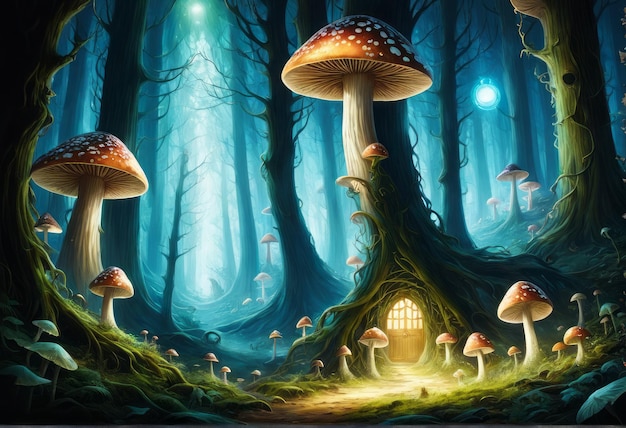 illustrazione di una vecchia casa in legno con una foresta magica una notte magica illustrazioneillustrazione o