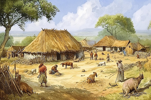 Illustrazione di una vivace scena di un villaggio neolitico