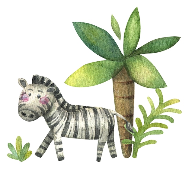 illustrazione di una zebra decorativa circondata da foglie tropicali fiori e palme