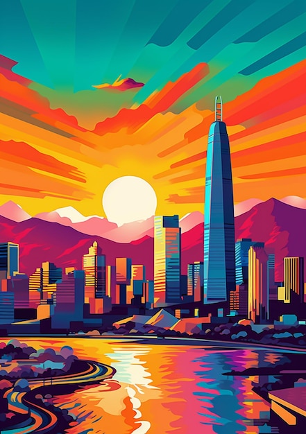 Illustrazione di uno skyline della città con un fiume e montagne sullo sfondo ai generativa