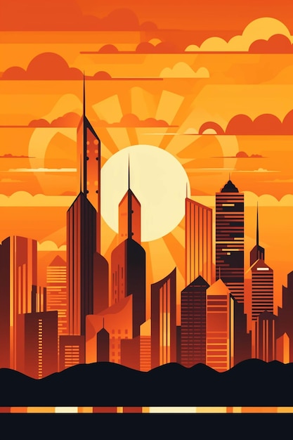 Illustrazione di uno skyline della città con un tramonto sullo sfondo ai generativa