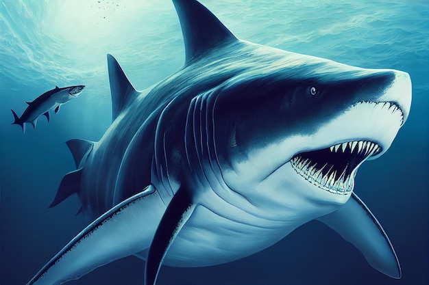 Illustrazione di uno squalo megalodonte, creatura marina preistorica, predatore del pliocene, specie estinta