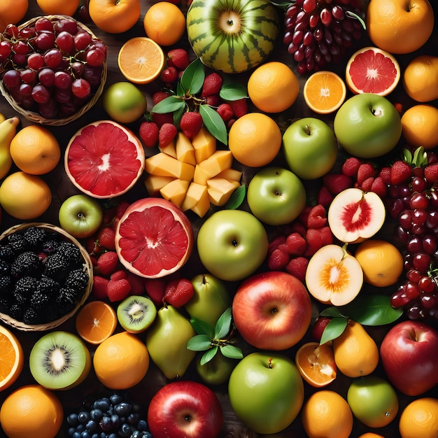 Illustrazione di vari tipi di frutta splendidamente disposti in cesti