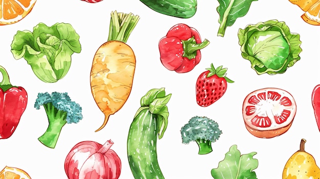 Illustrazione di varie verdure fresche colorate su uno sfondo bianco