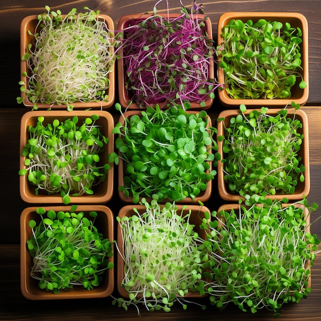 illustrazione di vassoi con vari microgreens in piedi