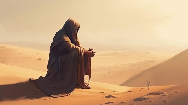 Illustrazione di vernice digitale di Gesù Cristo che prega Dio nel deserto