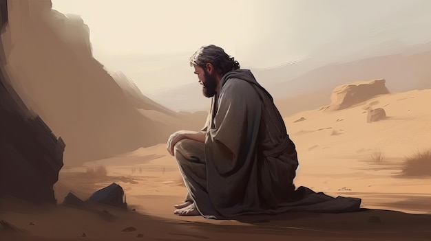 Illustrazione di vernice digitale di Gesù Cristo che prega Dio nel deserto