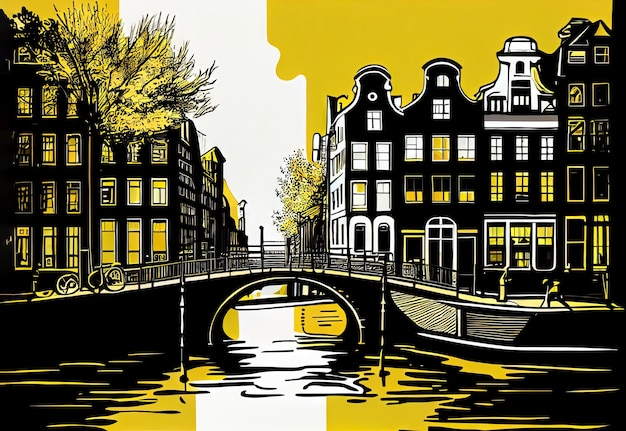 Illustrazione di viaggio di Amsterdam Concetto di turismo olandese Europa occidentale Disegno imitazione AI Contenuto generativo
