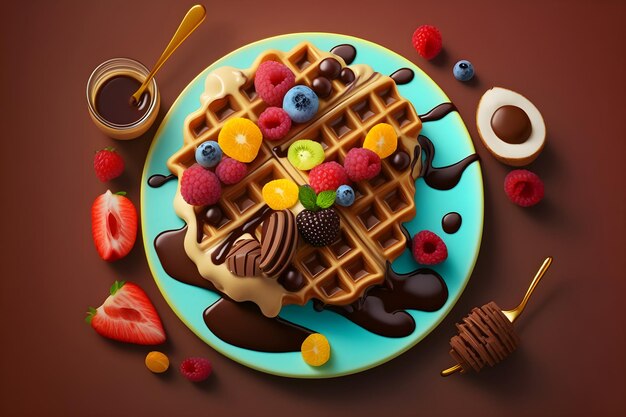 Illustrazione di waffle belgi con cioccolato e frutti di bosco su sfondo marrone IA generativa