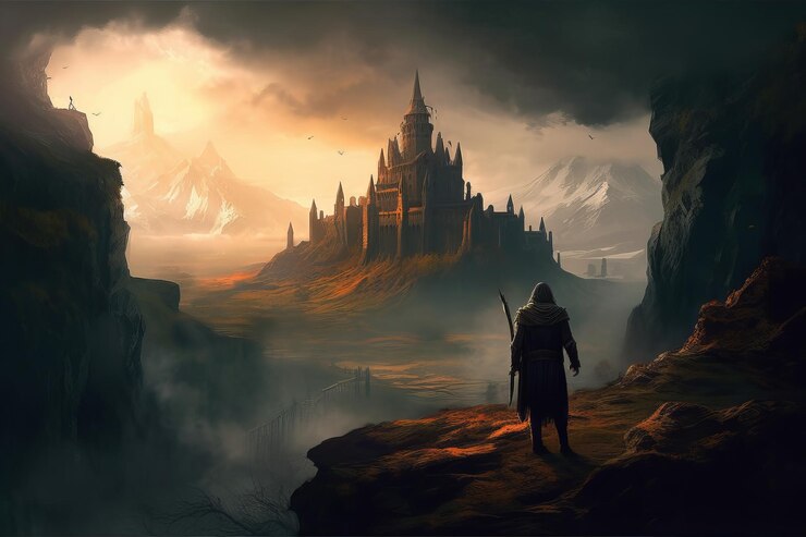 illustrazione di Witcher in piedi in un paesaggio fantastico e guardando il castello