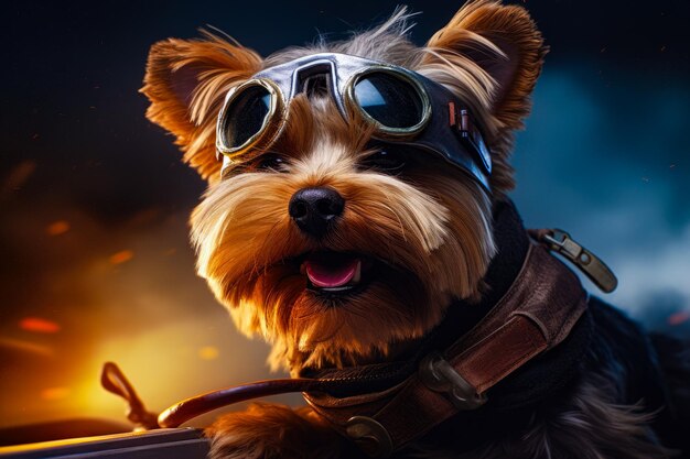 Illustrazione di Yorkshire terrier che indossa occhiali da aviatore Cane pilota in aereo IA generativa