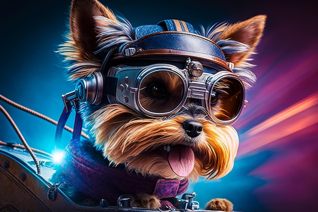Illustrazione di Yorkshire terrier che indossa occhiali da aviatore Cane pilota in aereo IA generativa